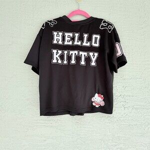 Sanrio Hello Kitty Cropped Football Jersey Top Womens Size L Black Pink